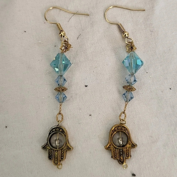 Hamsa Hand Aqua Blue Crystal Drop Earrings - Picture 2 of 3